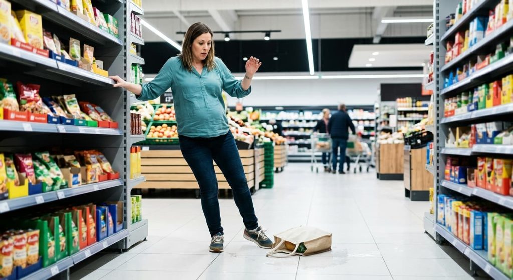 Pregnant woman slipping on a grocery store floor while reaching for a shelf, illustrating the risk of slip and fall accidents during pregnancy in a retail setting.