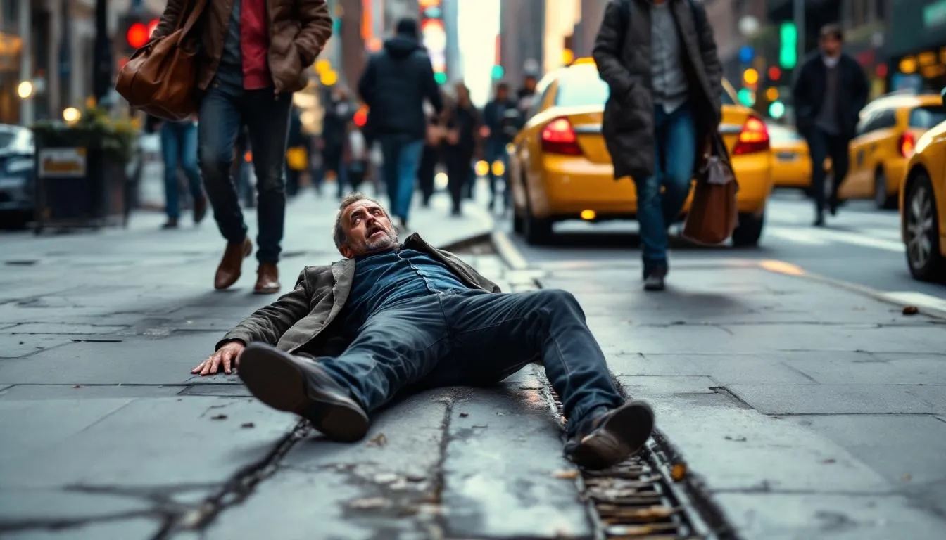 "A busy New York City sidewalk scene where a pedestrian has slipped or tripped on an uneven surface, falling to the ground with a concerned expression. Other pedestrians and yellow cabs move in the background, with uneven pavement visible nearby. Bright, urban lighting with a serious, cautionary tone, emphasizing the prevalence of slips, trips, and falls in NYC."