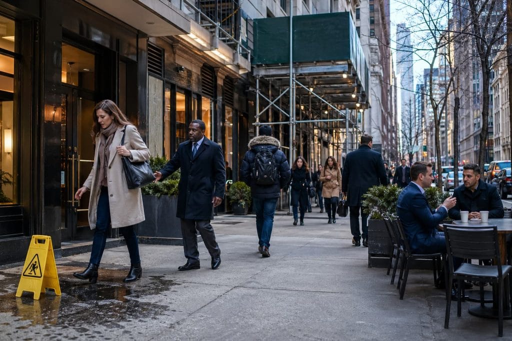 Busy Manhattan sidewalk scene outside a mixed-use building, showing pedestrians in motion as one carefully avoids a wet or icy hazard near an entrance, with building staff nearby and storefronts in the background. Elements like scaffolding, signage, and uneven pavement highlight everyday property risks, contrasted with normal business activity in a clean, professional, wide-angle composition.