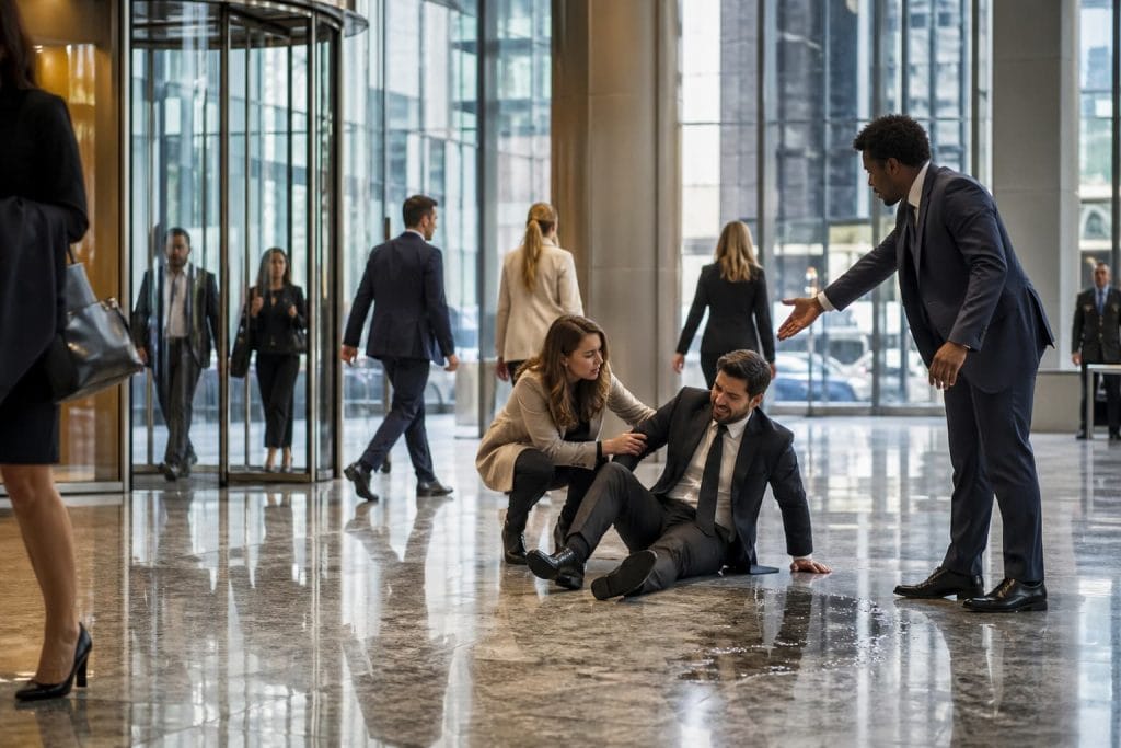 A person sits on the floor of a busy New York City office lobby after slipping on a wet surface, assisted by a bystander as another points to an unmarked hazard, with commuters passing by in a modern glass-and-marble setting.