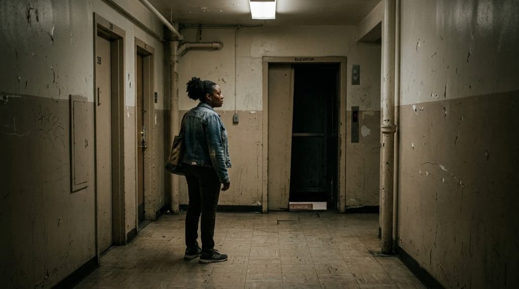 Tenant facing a misleveled elevator hazard in a dimly lit NYCHA public housing building hallway.