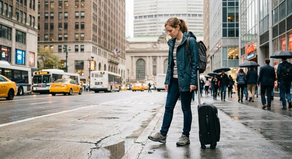 Tourist with a rolling suitcase on a wet, cracked New York City sidewalk near Grand Central, illustrating NYC slip and fall accident risks for out-of-state visitors.