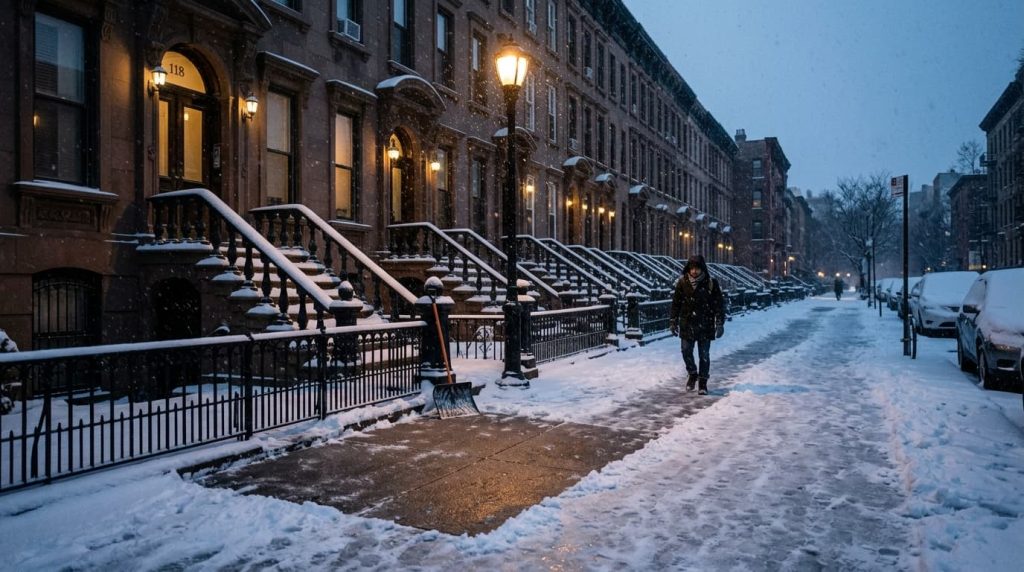 Category confirmed: Sidewalk/Pedestrian Accidents. Let me continue scrolling to find the Featured Image panel.Found the featured image. Let me zoom in to examine the visual content closely.Snow falling on a NYC brownstone sidewalk during a storm, illustrating the 4-hour snow removal rule and storm in progress doctrine for slip and fall claims