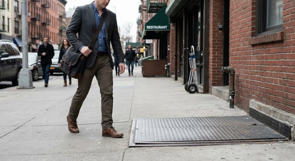 Man walking toward a metal cellar delivery door on a NYC sidewalk outside a restaurant, illustrating a common basement hatch trip hazard