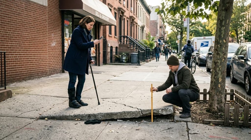 Injured pedestrian in a walking boot photographs a raised, broken sidewalk flag in New York City while a man measures the trip hazard to support a sidewalk injury claim