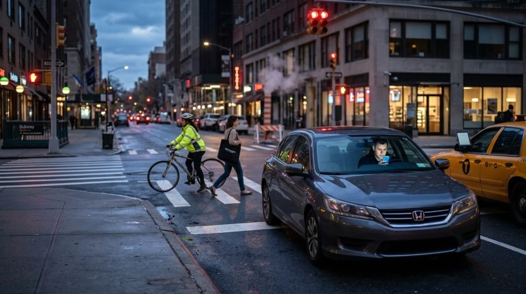 Driver looking at a hand-held cell phone while stopped at a red light as a cyclist and pedestrian cross in front of the car, illustrating New York’s cell phone and driving law