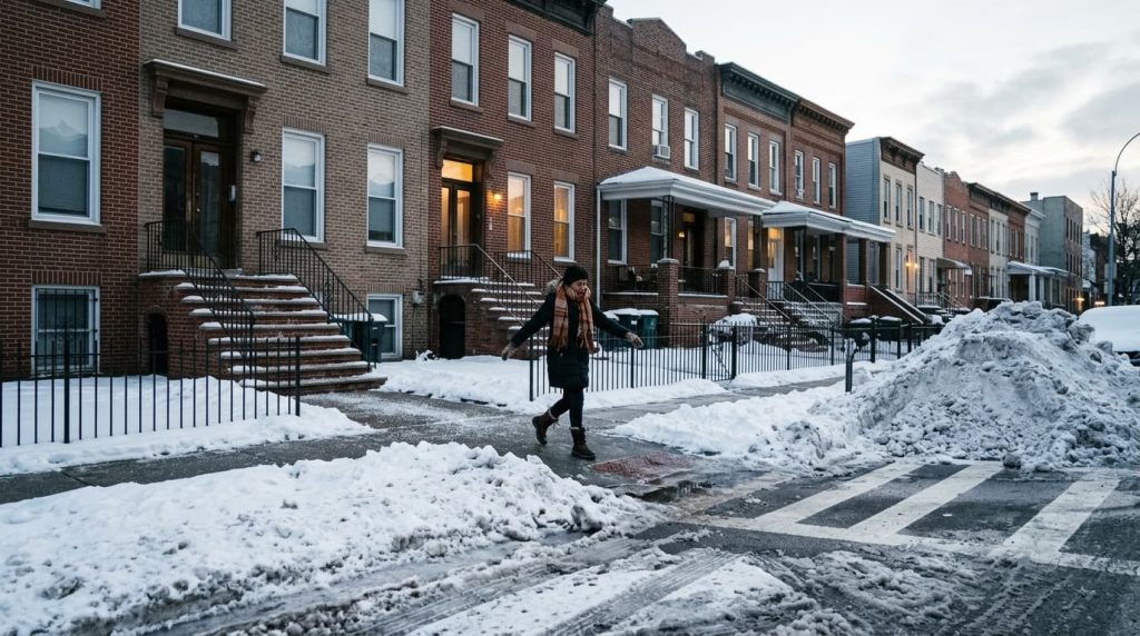 Pedestrian walking on an icy, partly shoveled sidewalk past a row of NYC brick homes, next to a snow pile at the crosswalk, a common setting for snow and ice slip-and-fall accidents in New York City