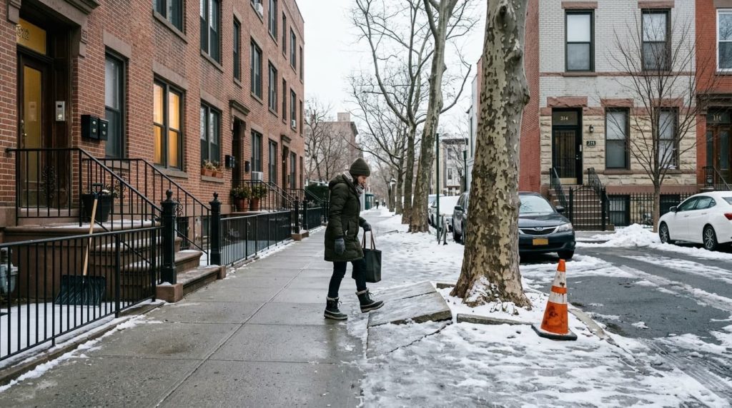 Pedestrian stepping toward a cracked, tree-root-raised sidewalk flag on a snowy New York City residential block, showing who is responsible for sidewalk defects in NYC